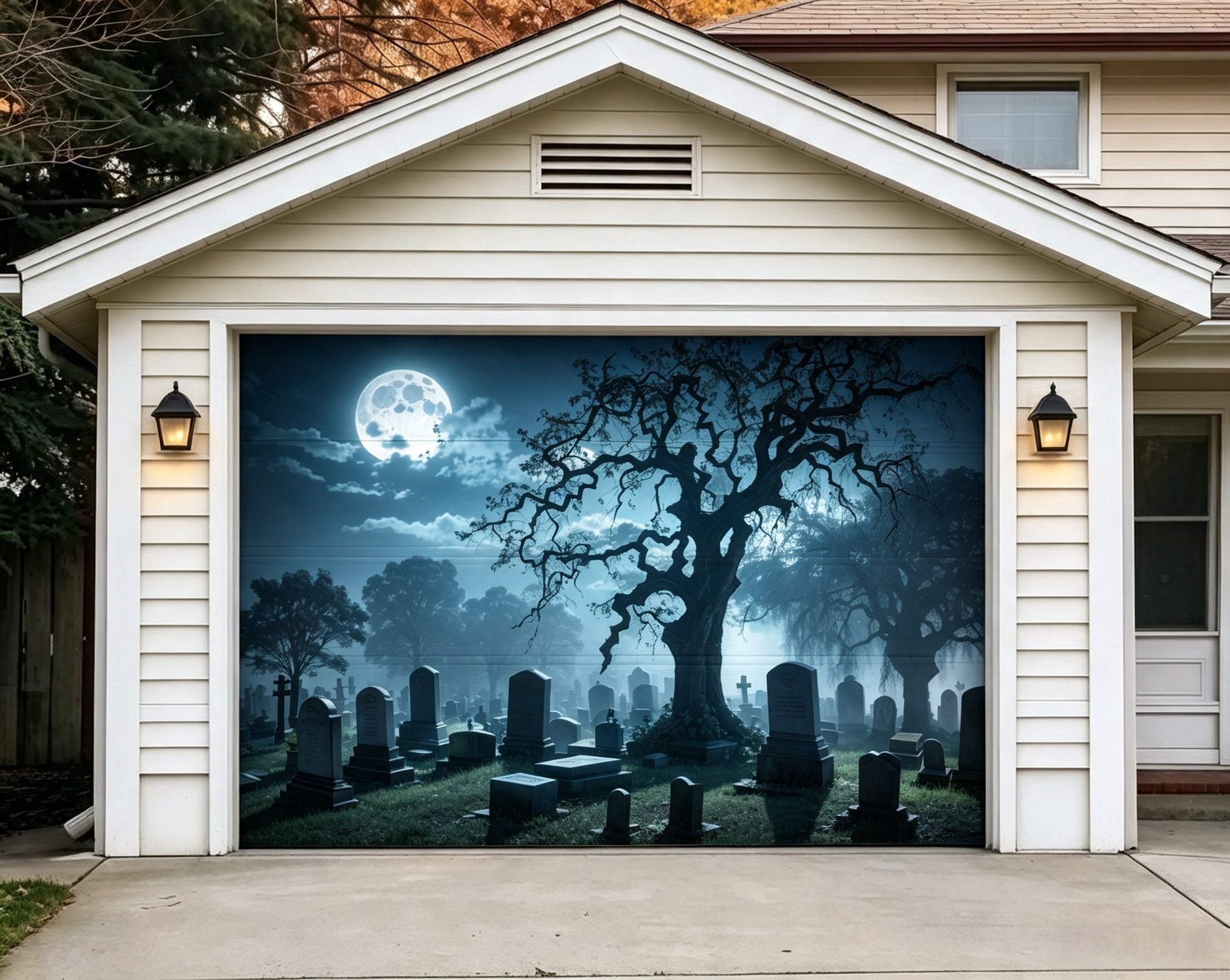 Halloween Graveyard Backdrop Moonlit Twisted Tree Halloween Garage Door Banner GQ67-50-1 car