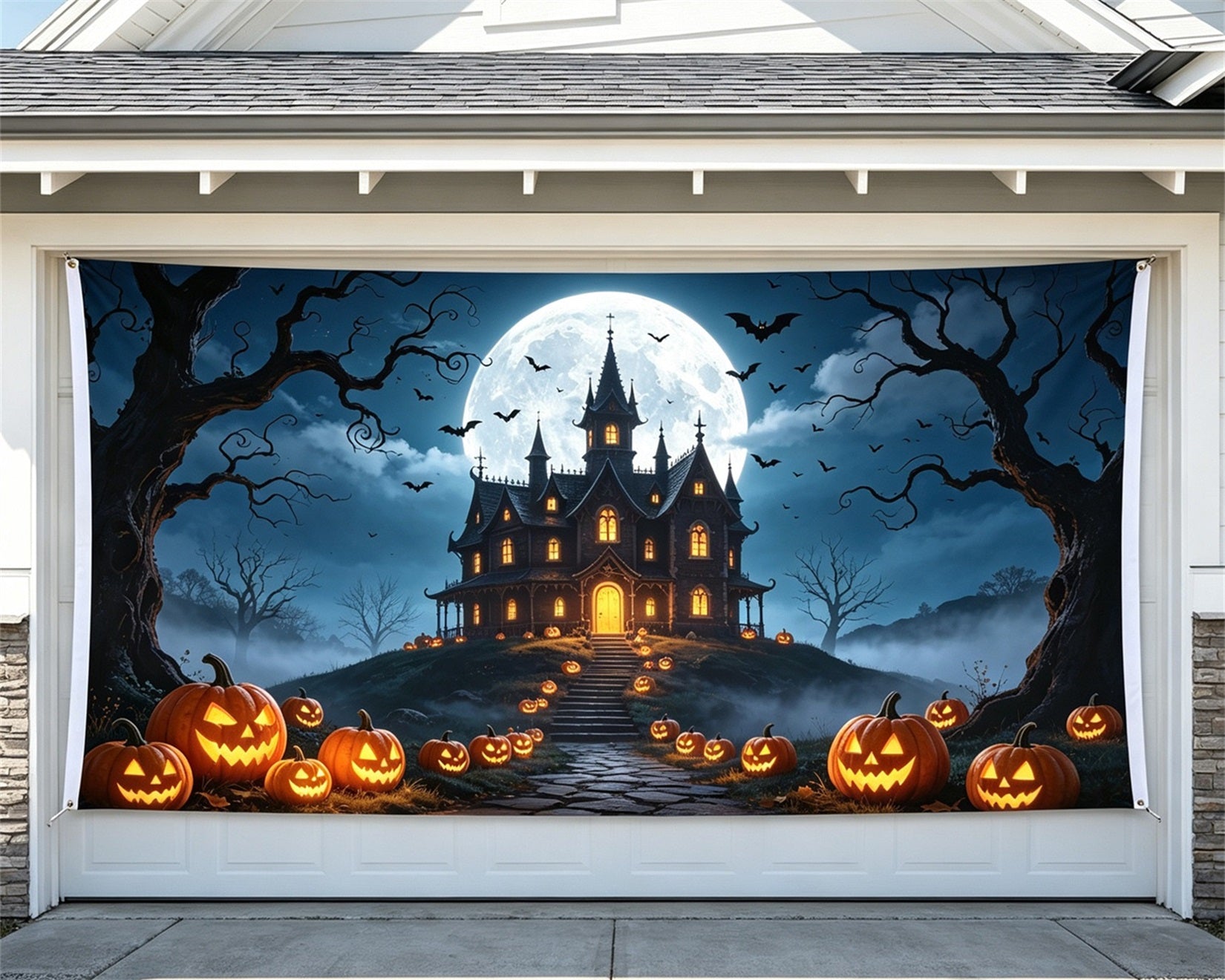 Haunted House Garage Door Banner Moonlit Pumpkin Mansion Halloween Garage Decorations GQ67-55-2 car