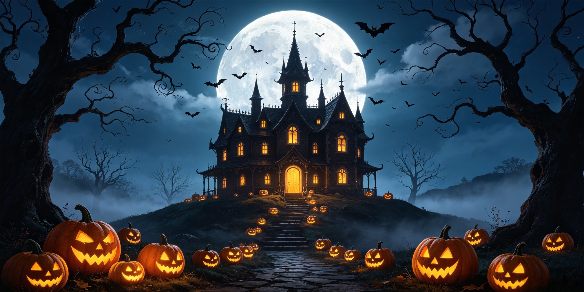 Haunted House Garage Door Banner Moonlit Pumpkin Mansion Halloween Garage Decorations GQ67-55-2 car