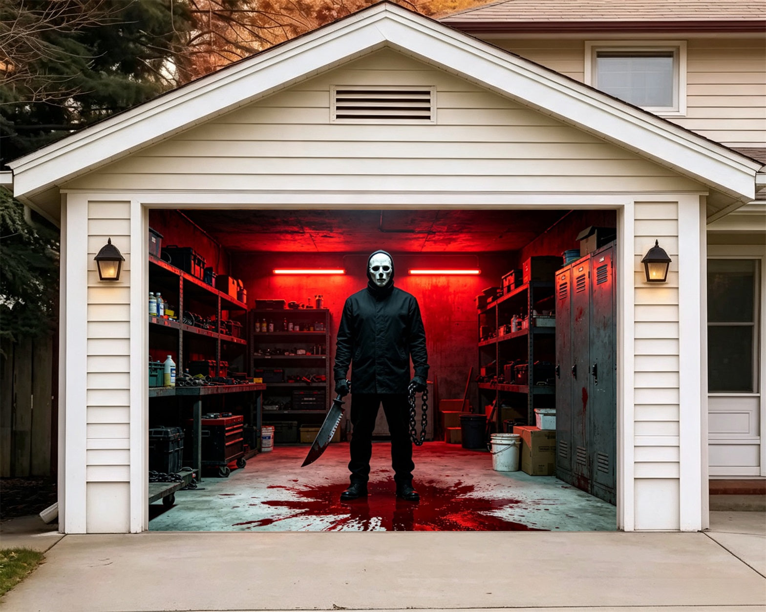 Gothic Halloween Garage Door Cover Masked Killer Workshop Halloween Outdoor Garage Decorations GQ67-56-1 car