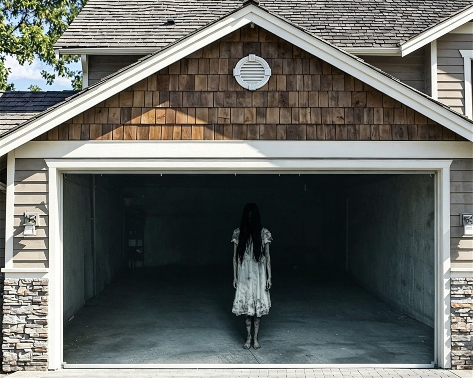 Spooky Halloween Garage Door Cover Ghostly Girl Corridor Halloween House Garage Decorations GQ67-57-2 car