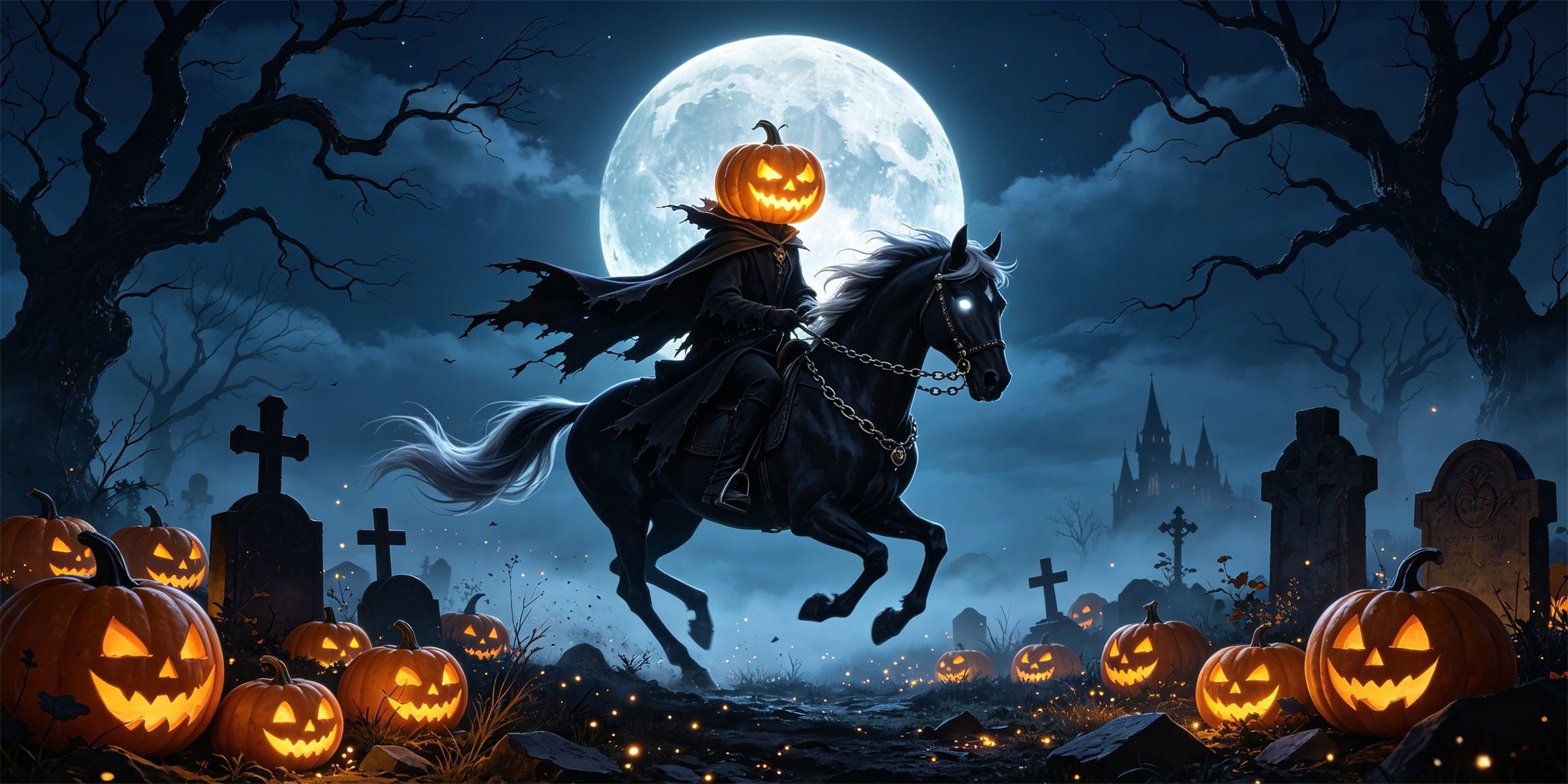 Moonlight Halloween Garage Door Banner Pumpkin Horseman Graveyard Halloween Garage Door Decorations GQ67-59-2 car
