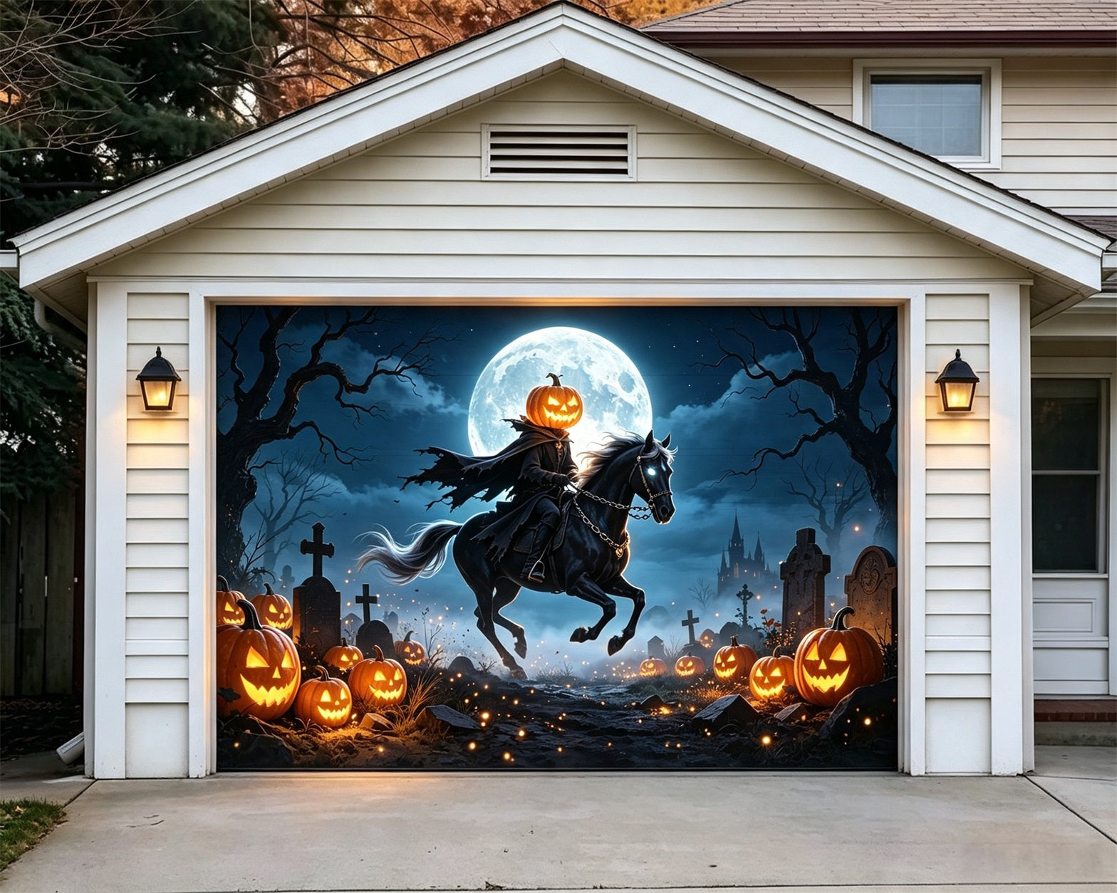 Moonlight Halloween Garage Door Banner Pumpkin Horseman Graveyard Halloween Garage Door Decorations GQ67-59-1 car