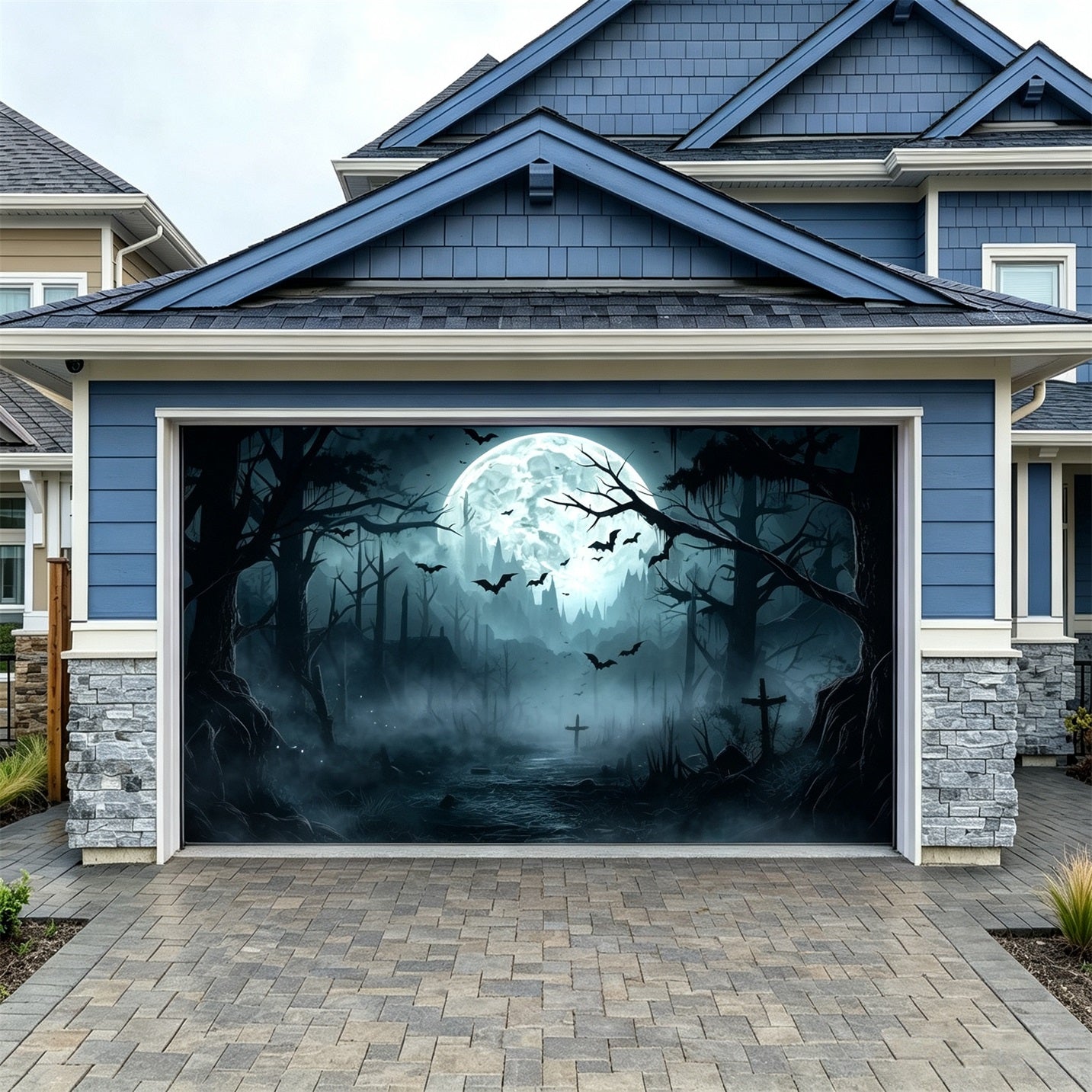 Halloween Forest Backdrop Moonlit Haunted Graveyard Garage Door Backdrop GQ67-6