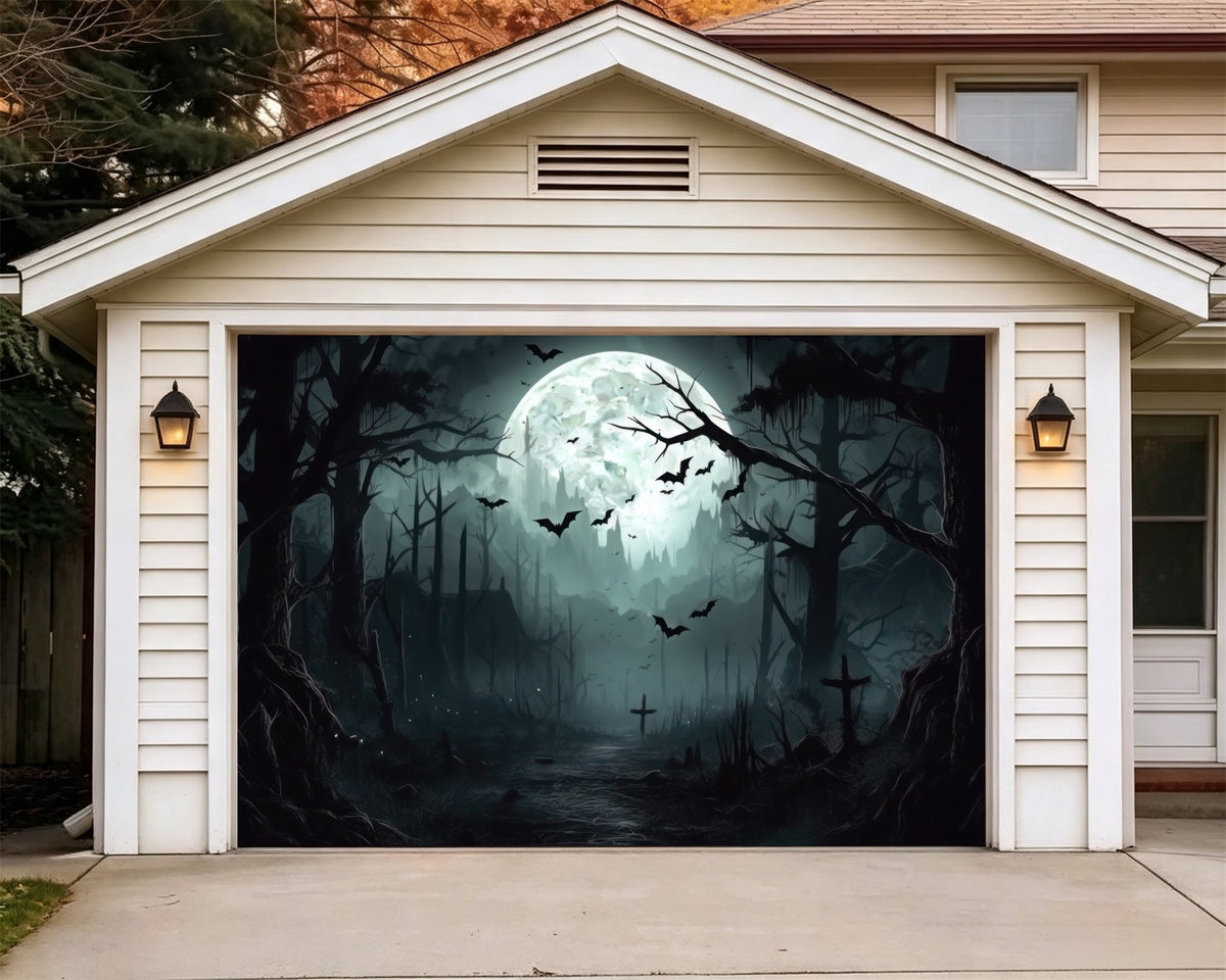 Halloween Forest Backdrop Moonlit Haunted Graveyard Garage Door Backdrop GQ67-6-1 car