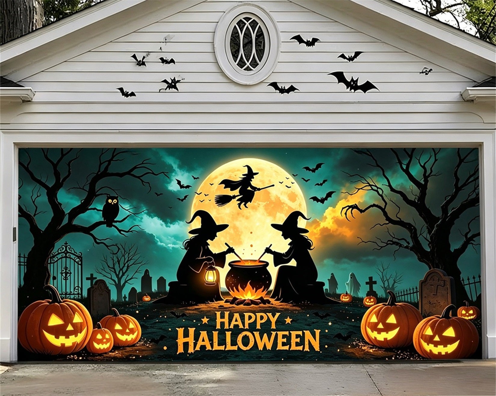 Witch Halloween Garage Door Cover Moonlit Cauldron Gathering Halloween Garage Door Banner GQ67-62-2 car