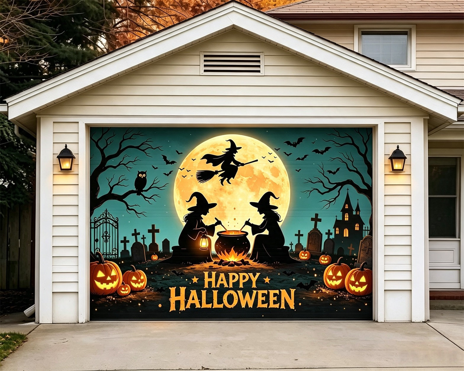 Witch Halloween Garage Door Cover Moonlit Cauldron Gathering Halloween Garage Door Banner GQ67-62-1 car