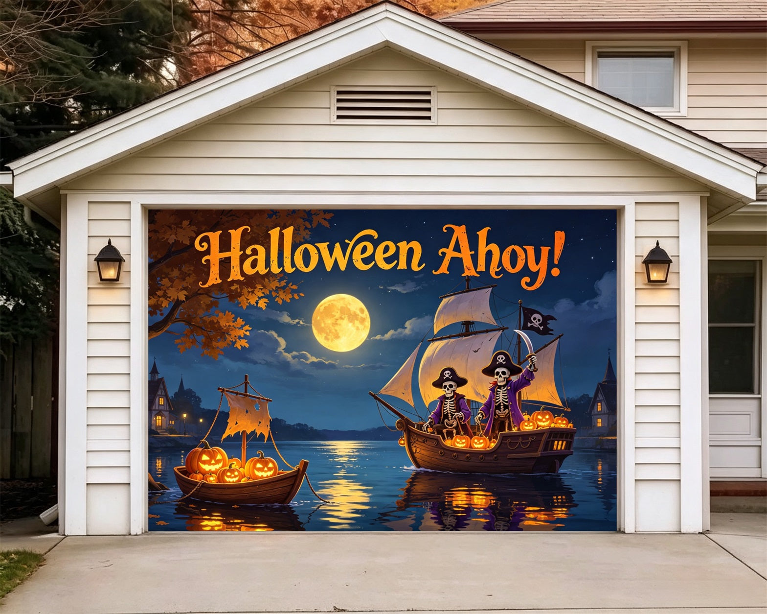 Pumpkin Halloween Garage Door Banner Skeleton Pirate Voyage Halloween Garage Door Decor GQ67-65-1 car