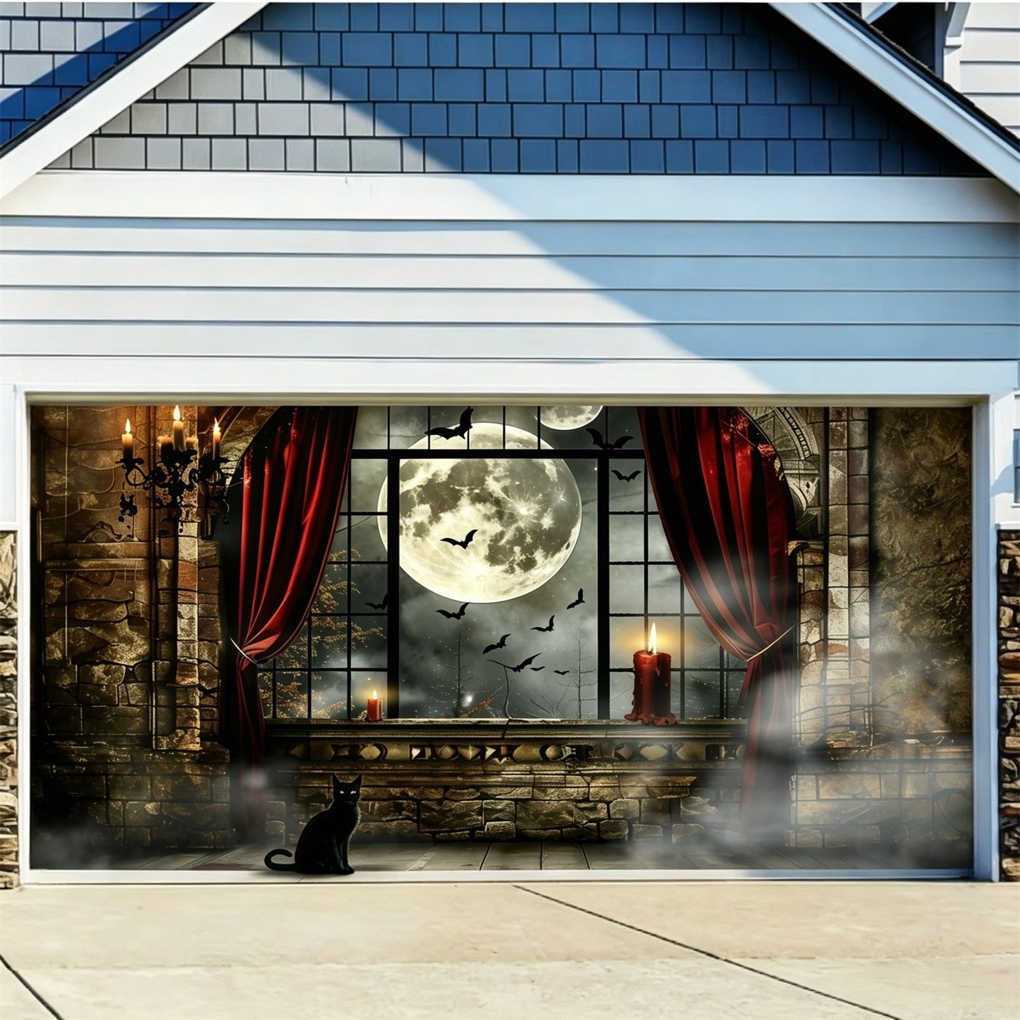 Halloween Moon Backdrop Black Cat Gothic Window Garage Door Poster GQ67-7