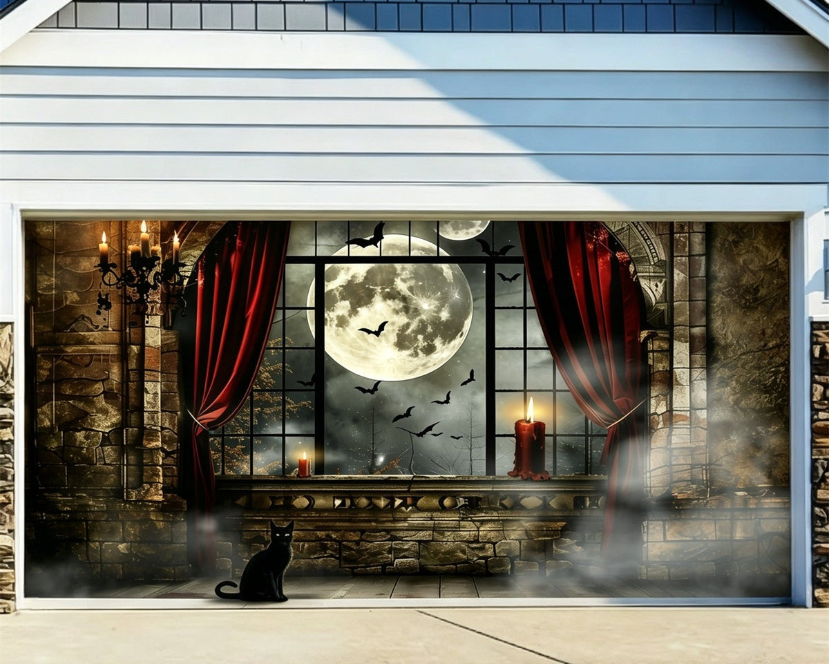 Halloween Moon Backdrop Black Cat Gothic Window Garage Door Poster GQ67-7-2 car
