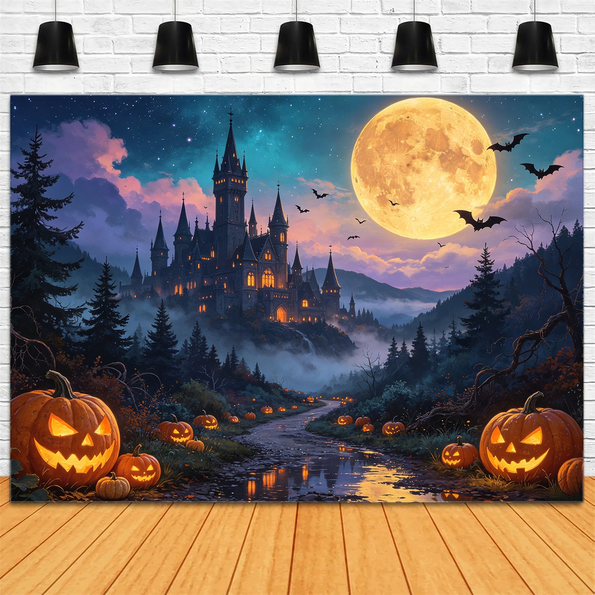 Halloween Pumpkin Backdrop Moonlit Pumpkin Castle Valley Haunted Backdrops GQ67-79