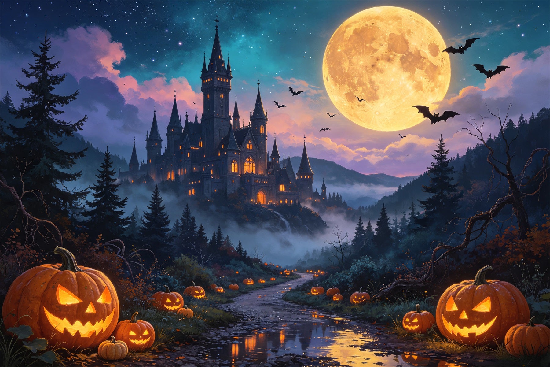 Halloween Pumpkin Backdrop Moonlit Pumpkin Castle Valley Haunted Backdrops GQ67-79