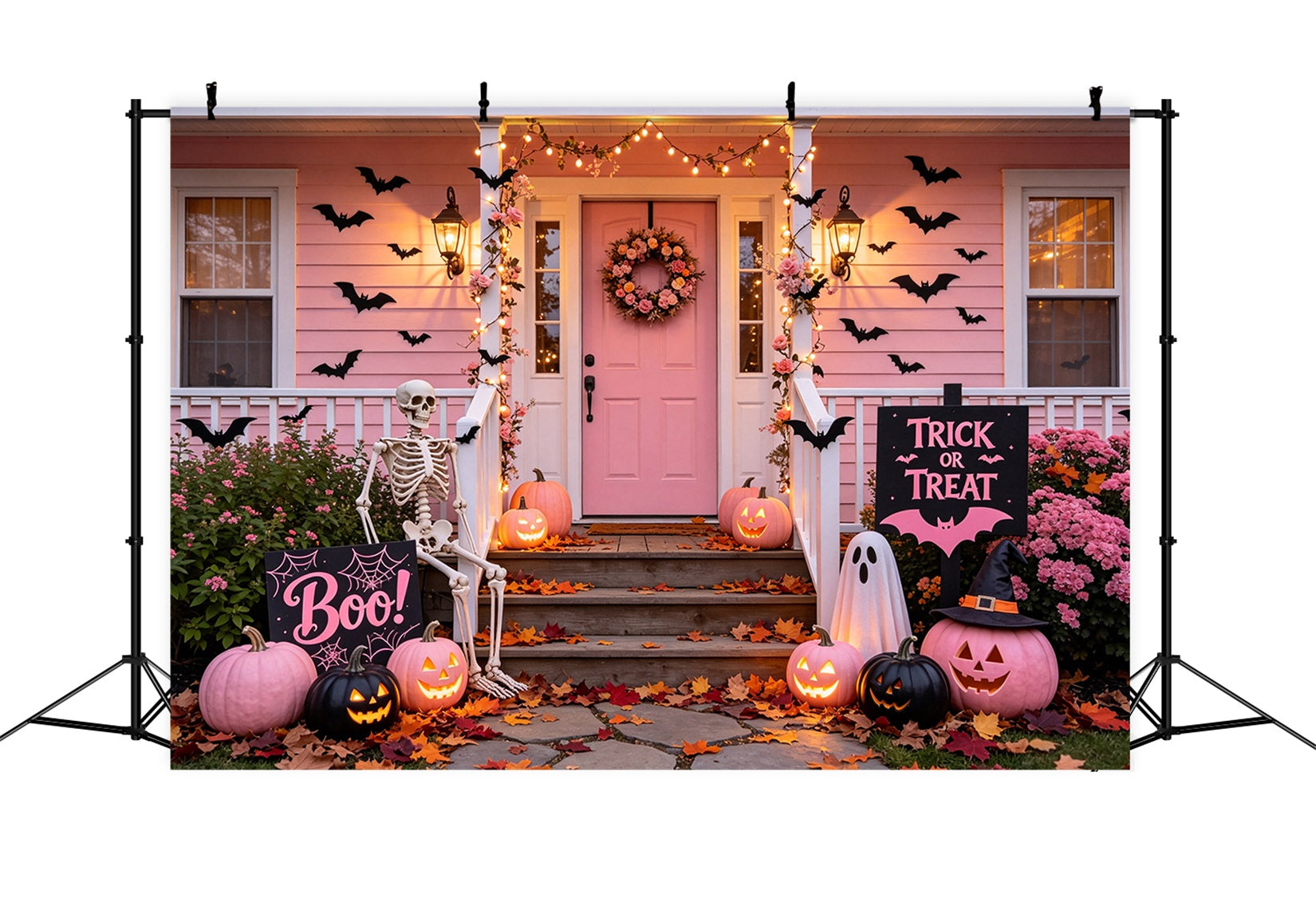 Pink Pumpkin Backdrop Pink Skeleton Porch Display Vintage Halloween Backdrop GQ67-80