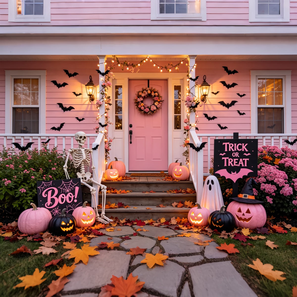 Pink Pumpkin Backdrop Pink Skeleton Porch Display Vintage Halloween Backdrop GQ67-80