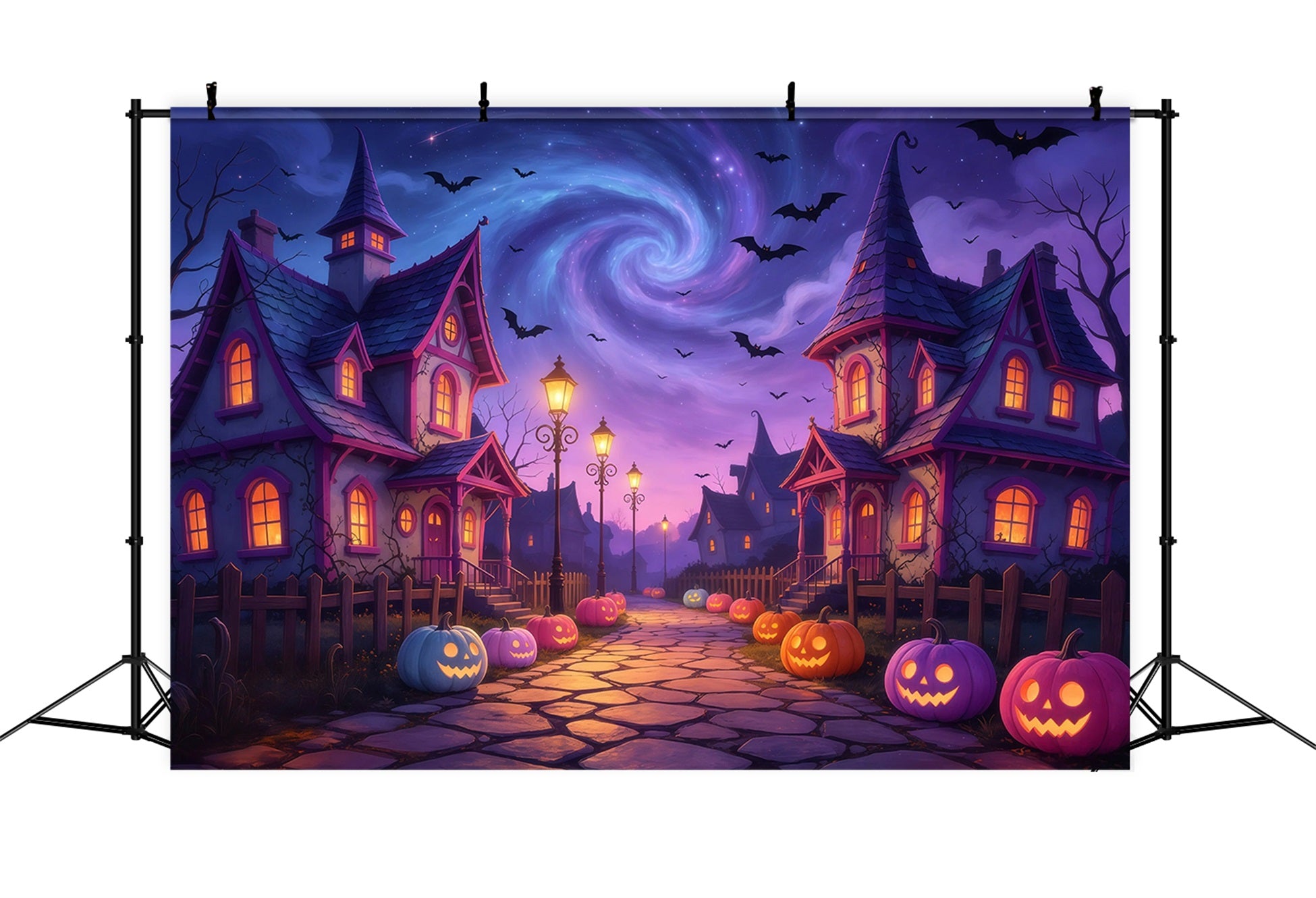 Spooky Town Backdrop Twilight Pumpkin Village Path Large Halloween Backdrops GQ67-83