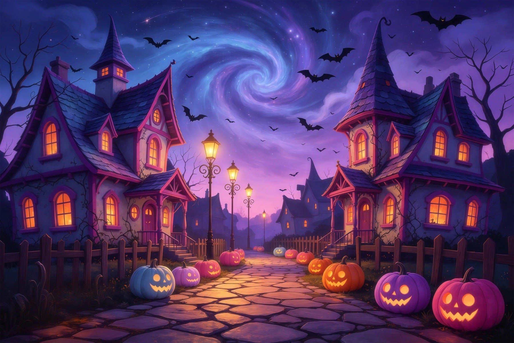 Spooky Town Backdrop Twilight Pumpkin Village Path Large Halloween Backdrops GQ67-83