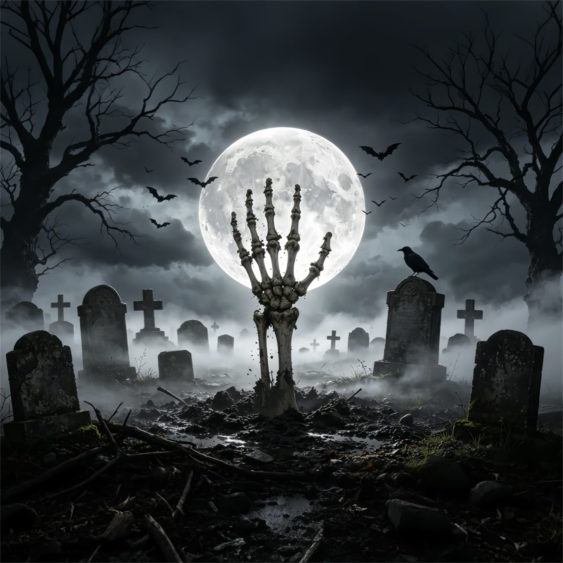 Halloween Graveyard Backdrops Moonlit Skeleton Hand Creepy Backdrops GQ67-84
