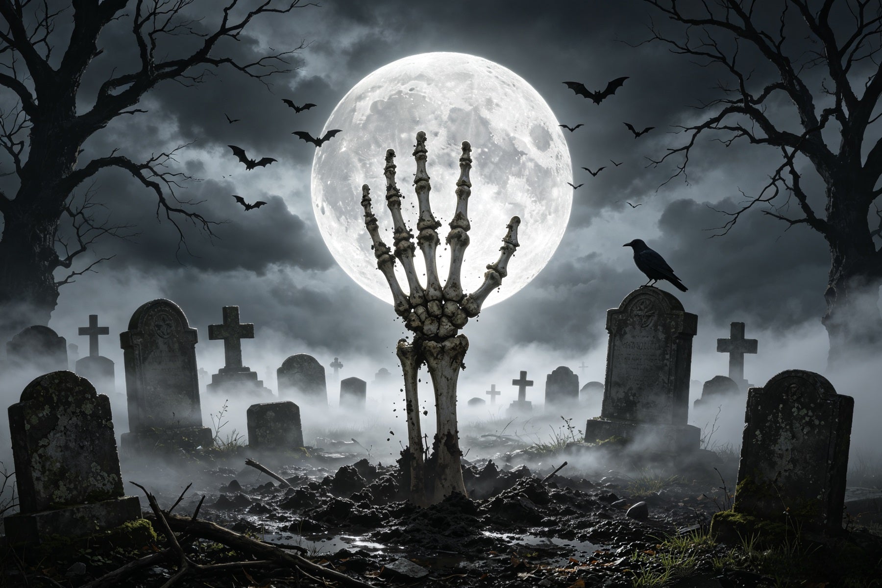 Halloween Graveyard Backdrops Moonlit Skeleton Hand Creepy Backdrops GQ67-84