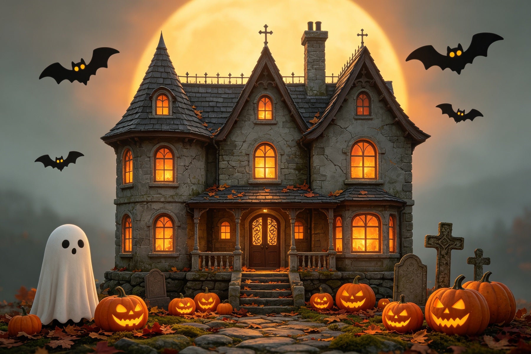 Halloween House Backdrop Golden Moon Haunted Manor Backdrops Halloween GQ67-85