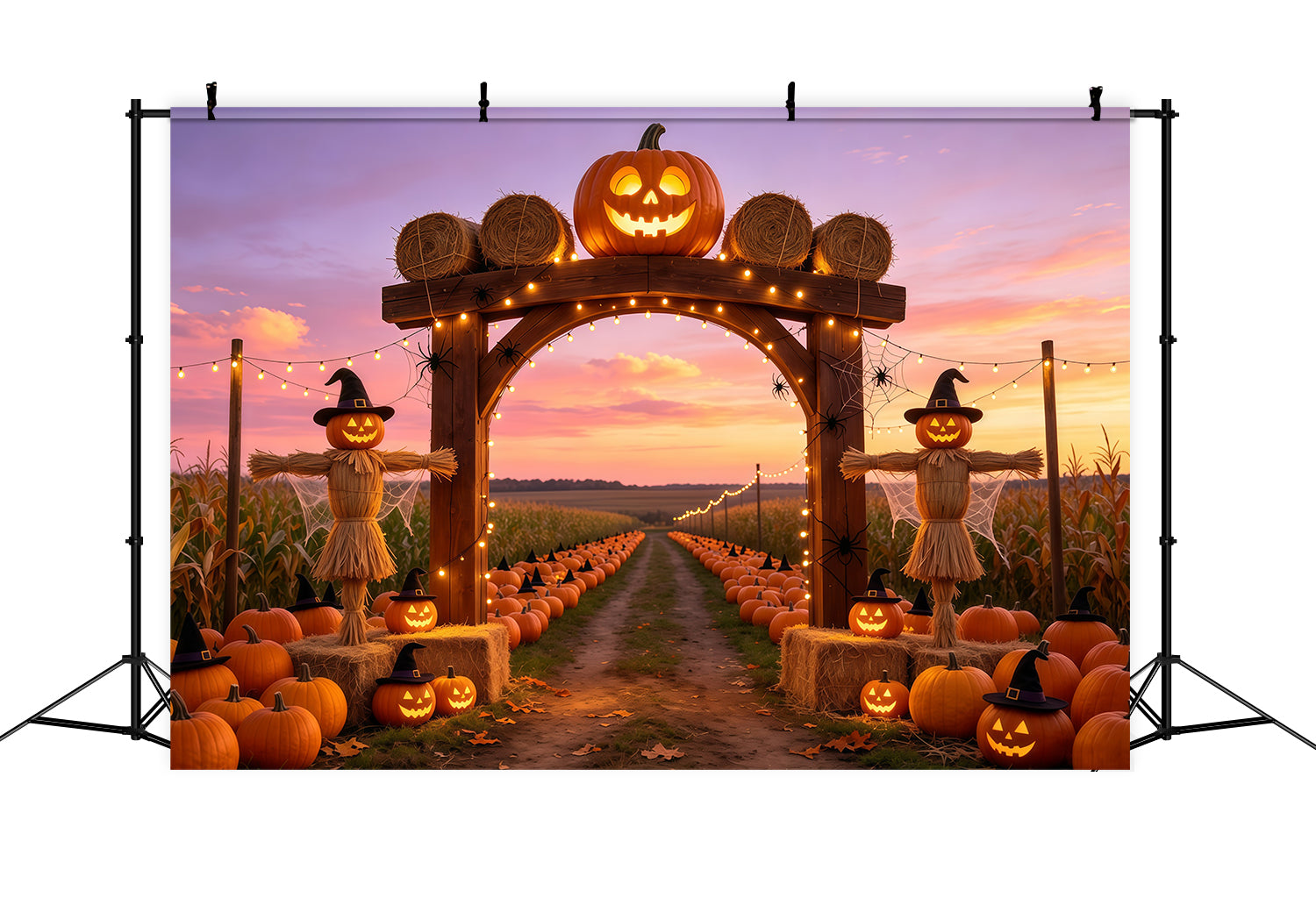 Pumpkin Patch Backdrop Ideas Sunset Scarecrow Farm Photography Halloween Backdrop GQ67-87