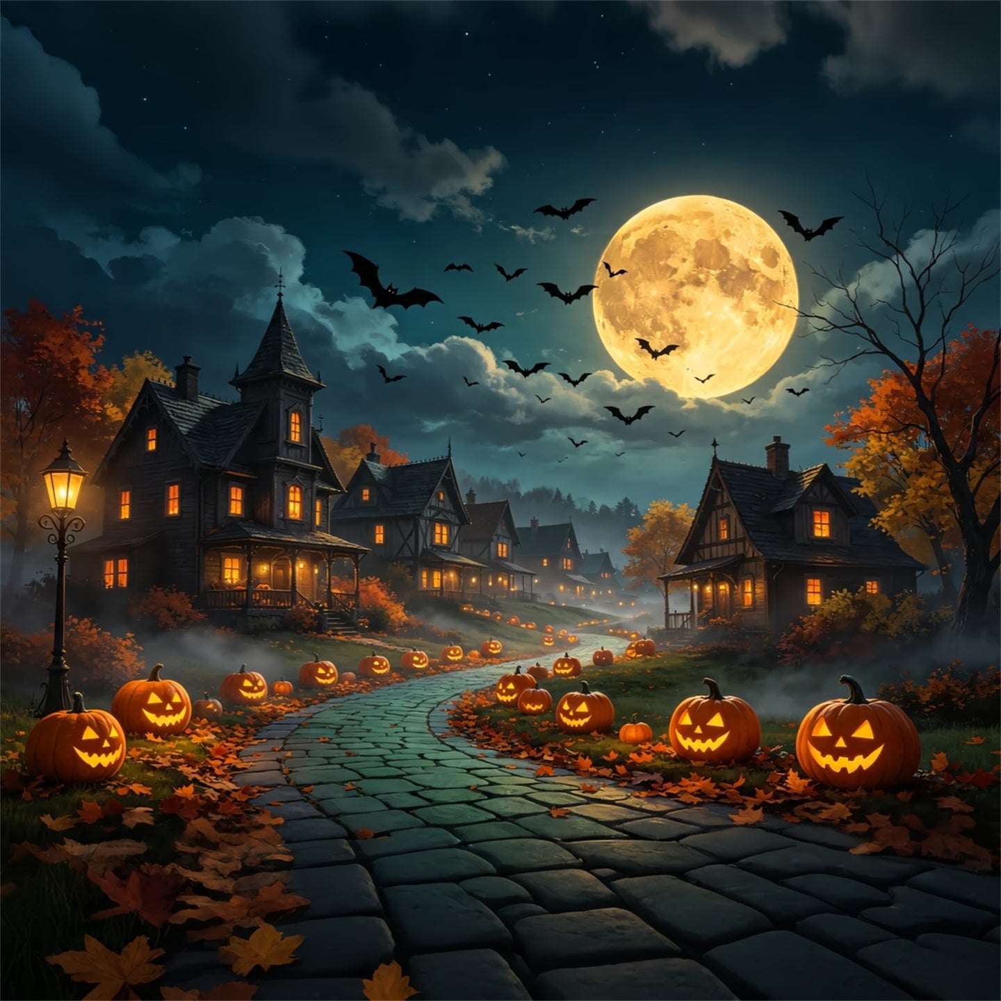 Halloween Village Backdrops Moonlit Pumpkin Road Diy Halloween Backdrop GQ67-90