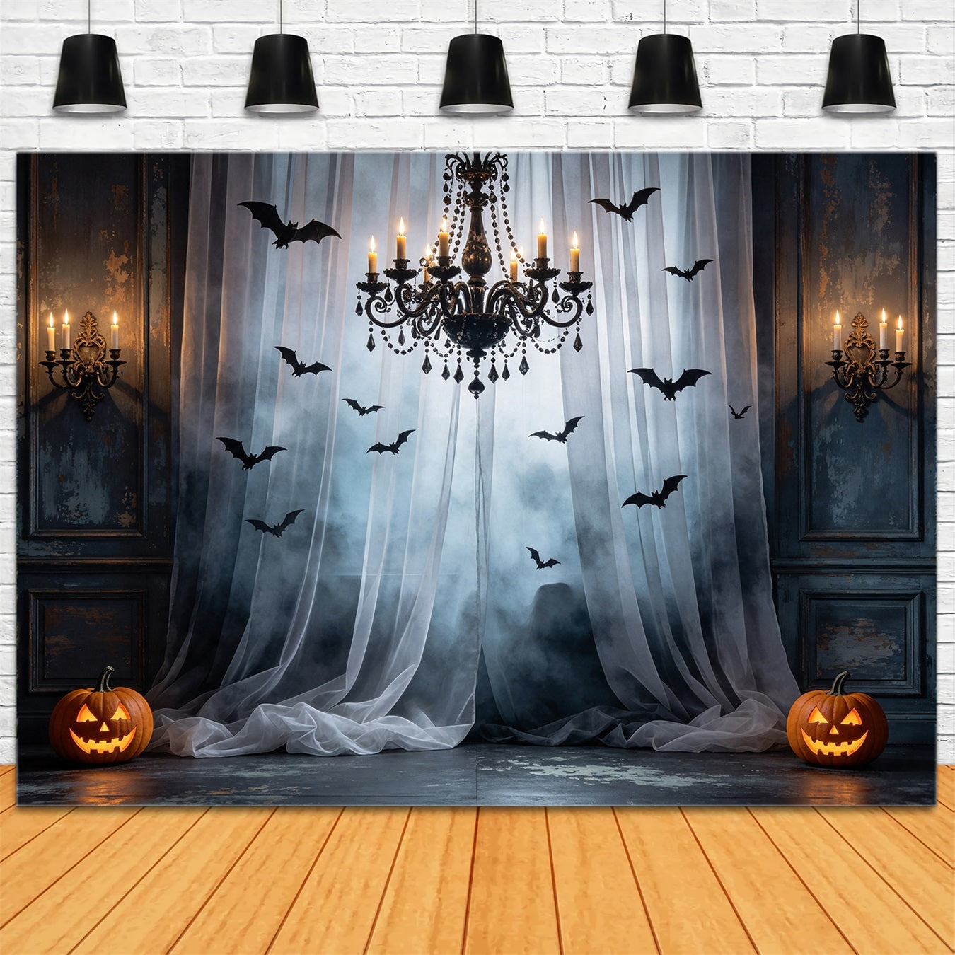 Bat Backdrop Foggy Curtain Chandelier Hall Halloween Scary Backdrop GQ67-92
