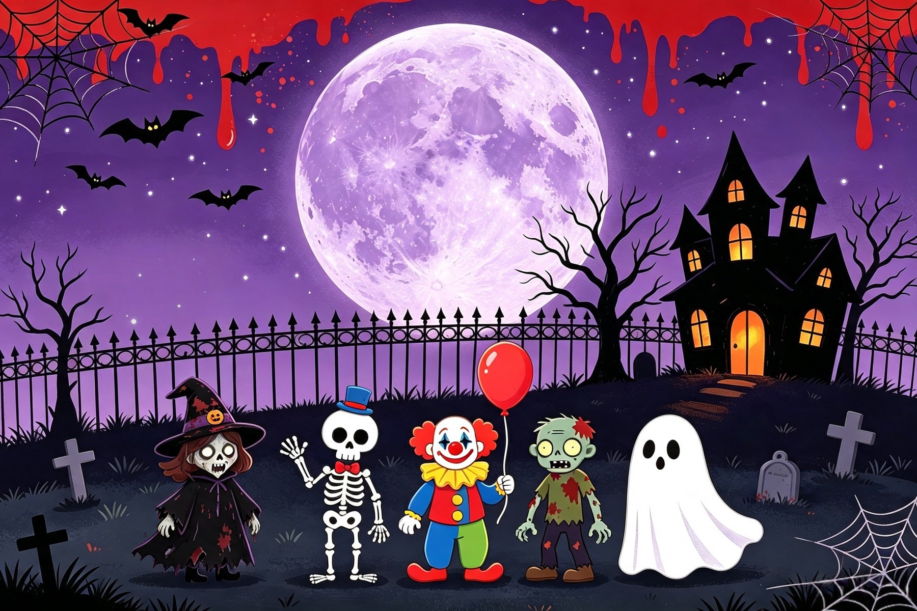 Ghost Stage Backdrop Cartoon Monster Moonlit Gathering Purple Halloween Backdrop GQ67-93