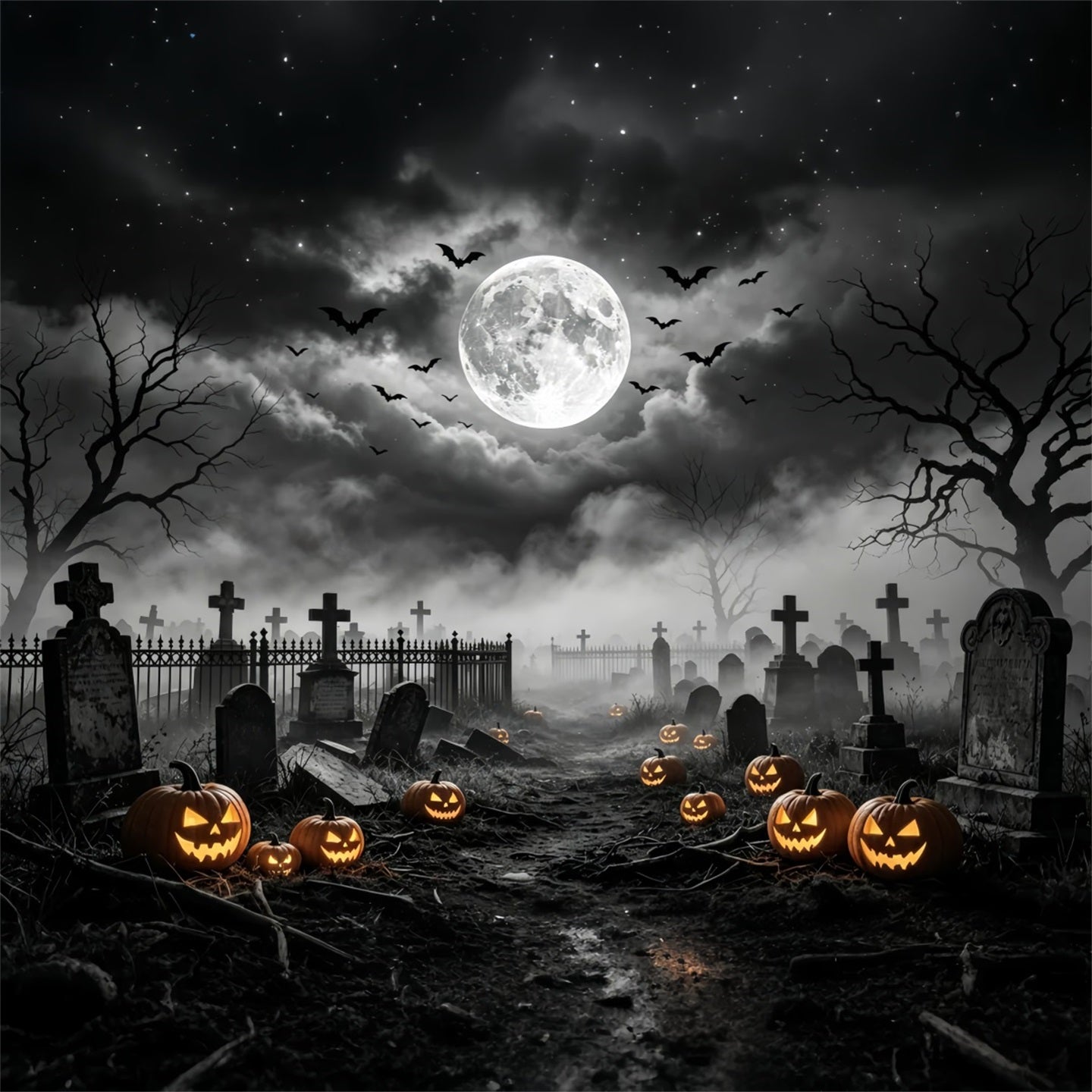 Tomb Backdrop Moonlit Pumpkin Graveyard Path Magician Backdrop GQ67-95