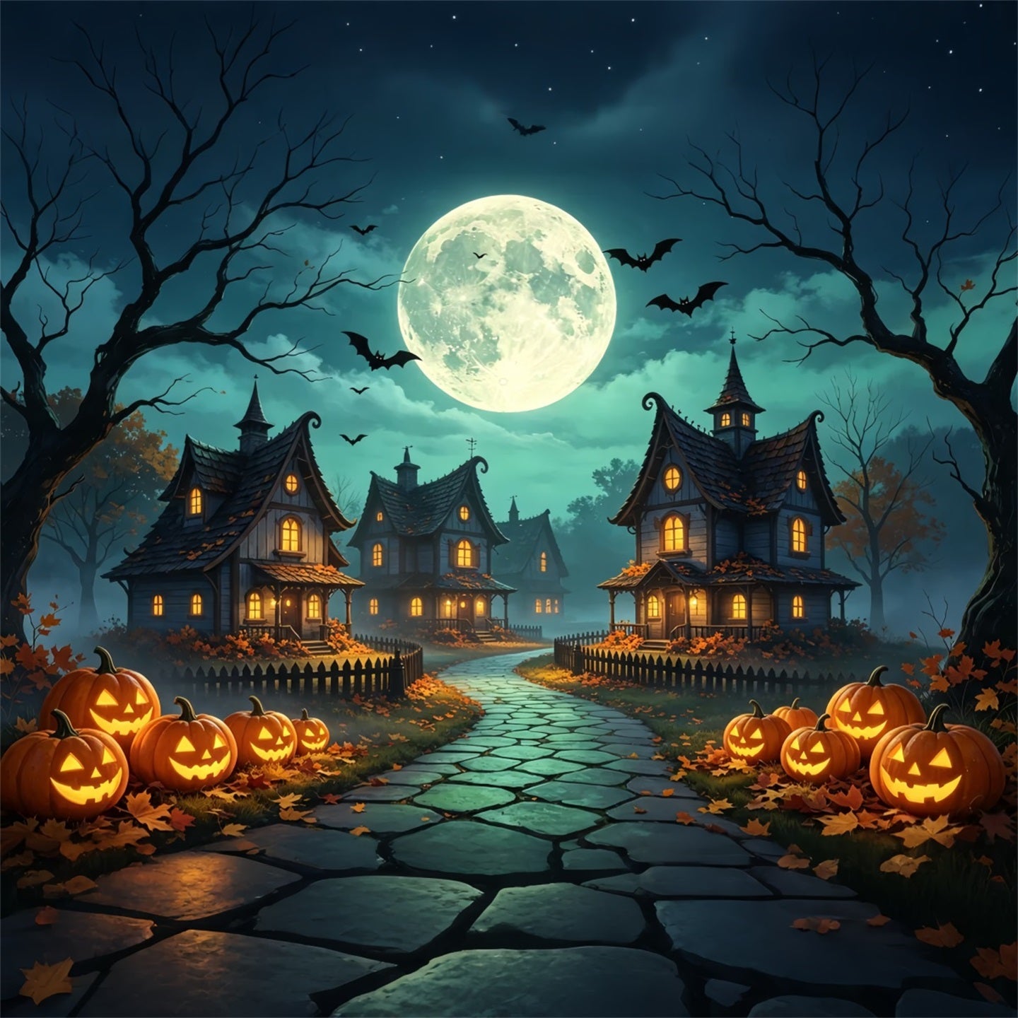 Backdrop For Halloween Village Moonlit Pumpkin Cottage Horror Movie Backdrop GQ67-96
