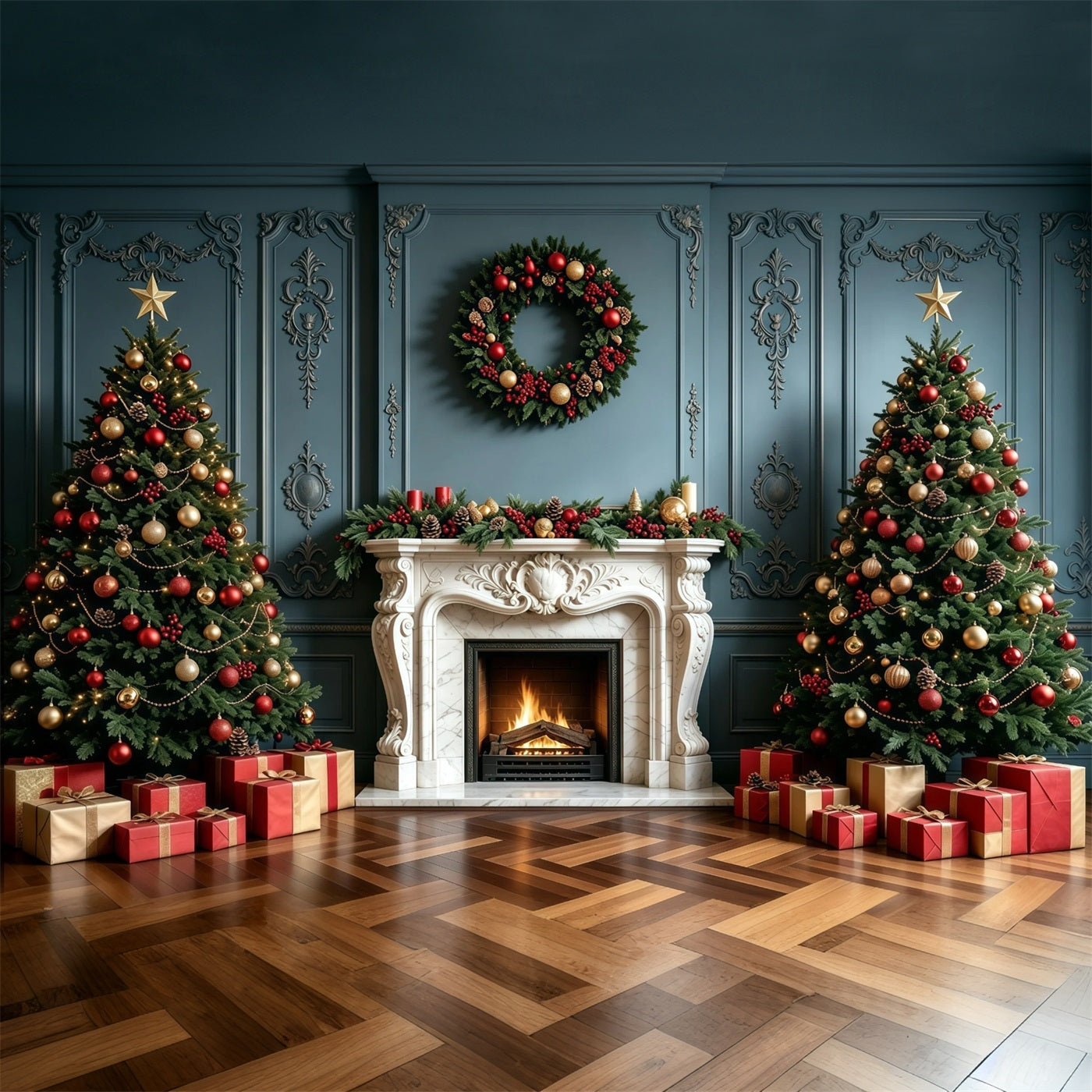 Christmas Fireplace Backdrop Elegant Blue Wall Garland Photo Christmas Backdrop GQ68-100