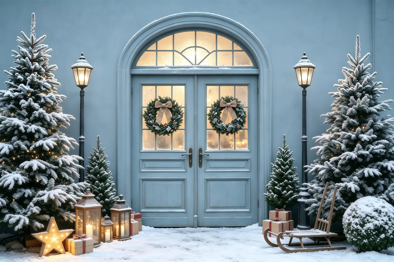 Blue Christmas Backdrop Snowy Pine Doorway Glow Photo Christmas Backdrops GQ68-101