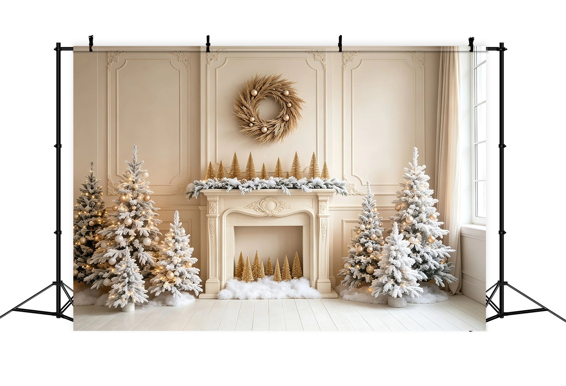 White Christmas Backdrop Fireplace Pine Trees Wall Studio Christmas Backdrop GQ68-103