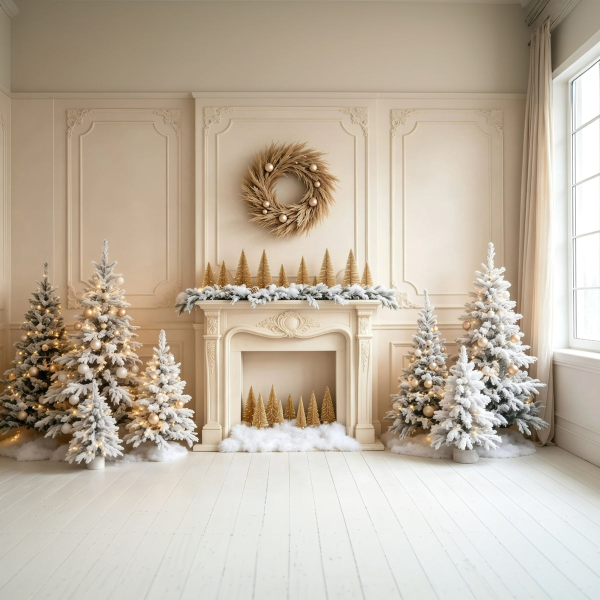 White Christmas Backdrop Fireplace Pine Trees Wall Studio Christmas Backdrop GQ68-103