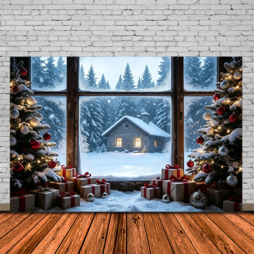 Rustic Christmas Backdrop Snowy Cabin Window View Studio Christmas Backdrops GQ68-104