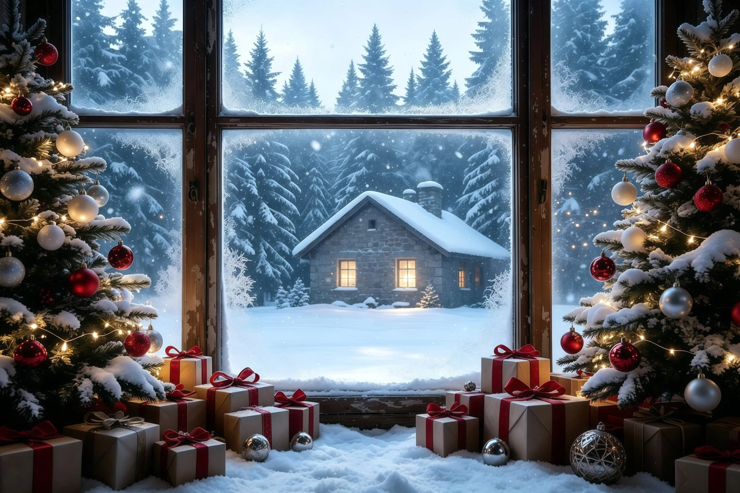 Rustic Christmas Backdrop Snowy Cabin Window View Studio Christmas Backdrops GQ68-104