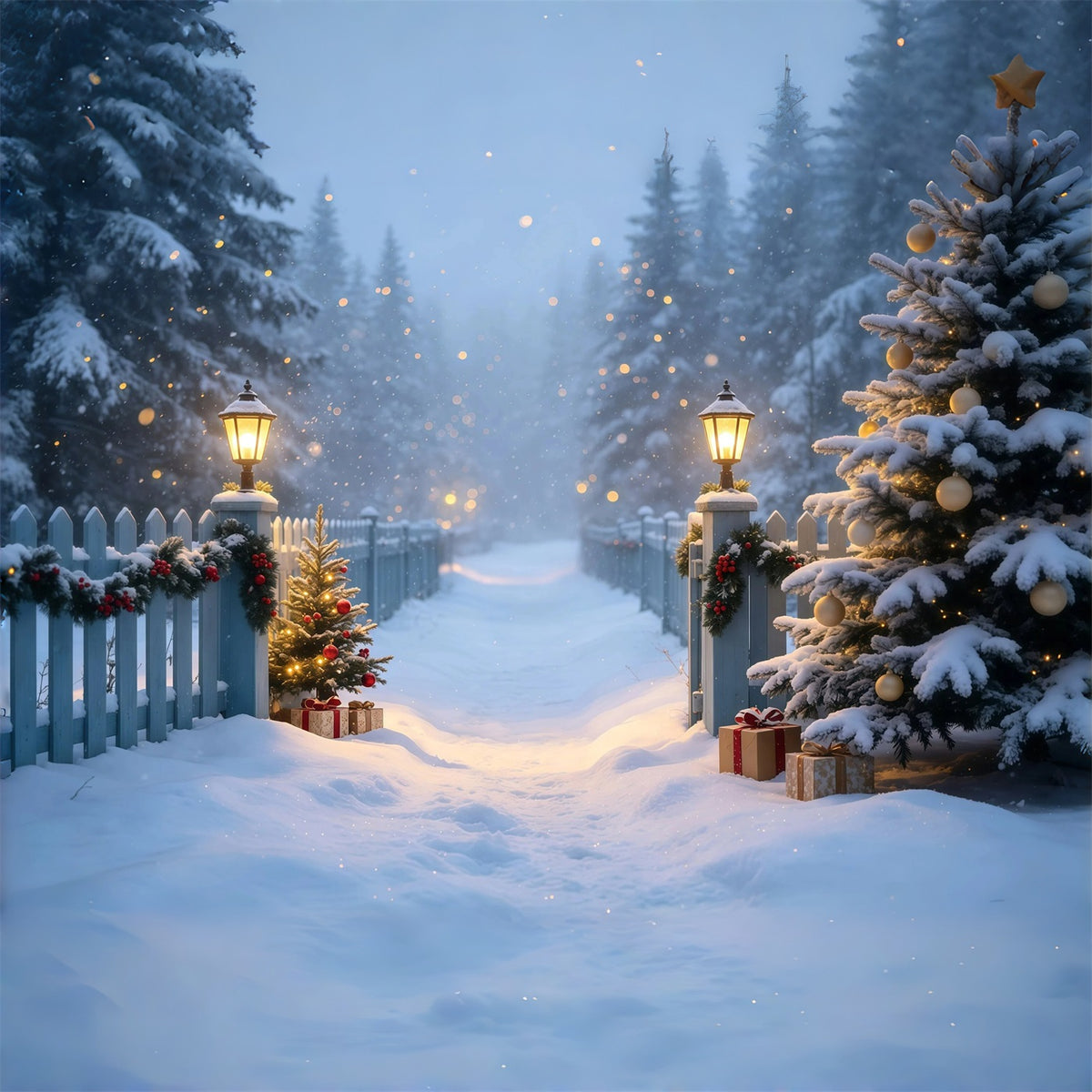 Snowy Christmas Backdrop Lantern Garden Snow Path Christmas Photo Backdrop GQ68-105