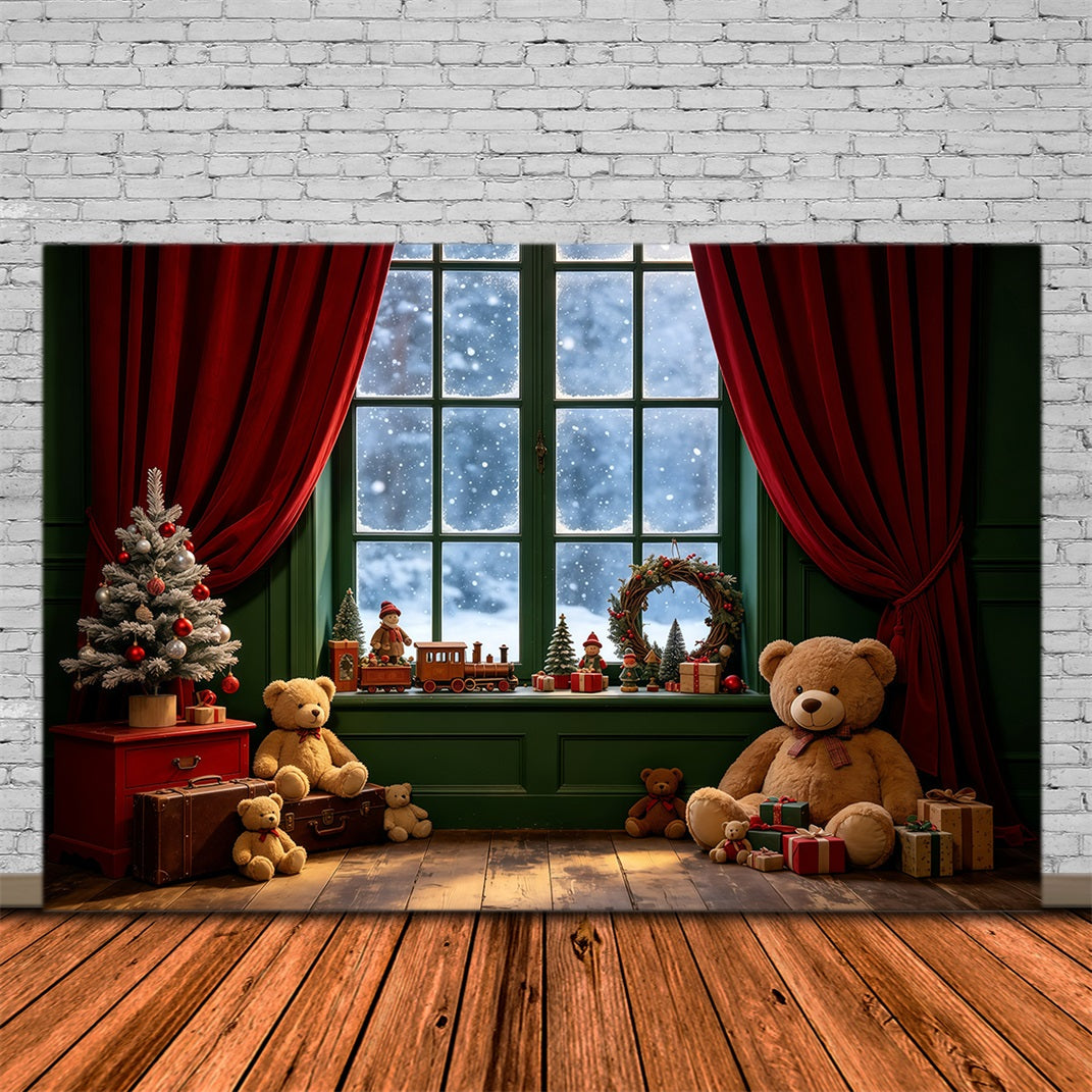 Christmas Window Backdrop Teddy Bear Indoor Corner Christmas Muslin Backdrop GQ68-106
