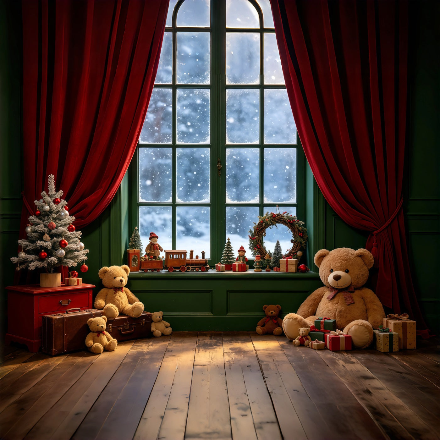 Christmas Window Backdrop Teddy Bear Indoor Corner Christmas Muslin Backdrop GQ68-106