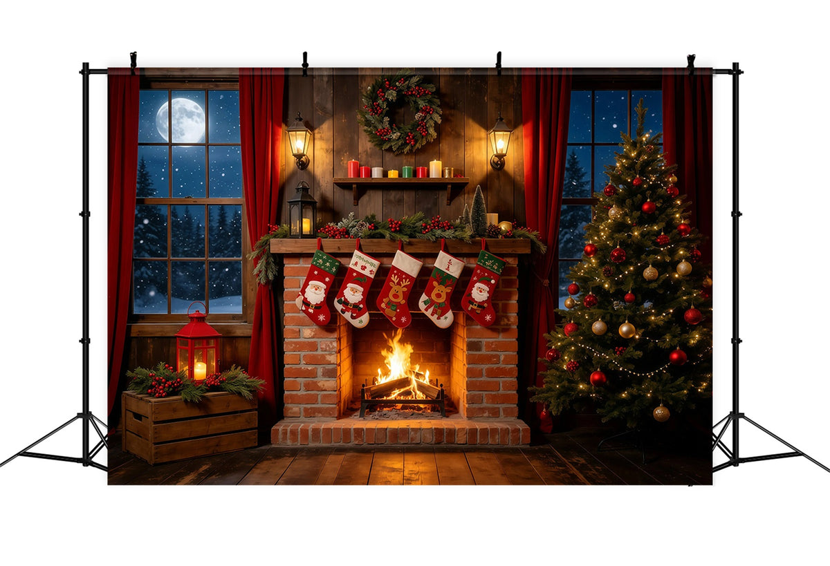 Christmas Night Backdrop Rustic Fireplace Stockings Indoor Christmas Backdrops GQ68-108