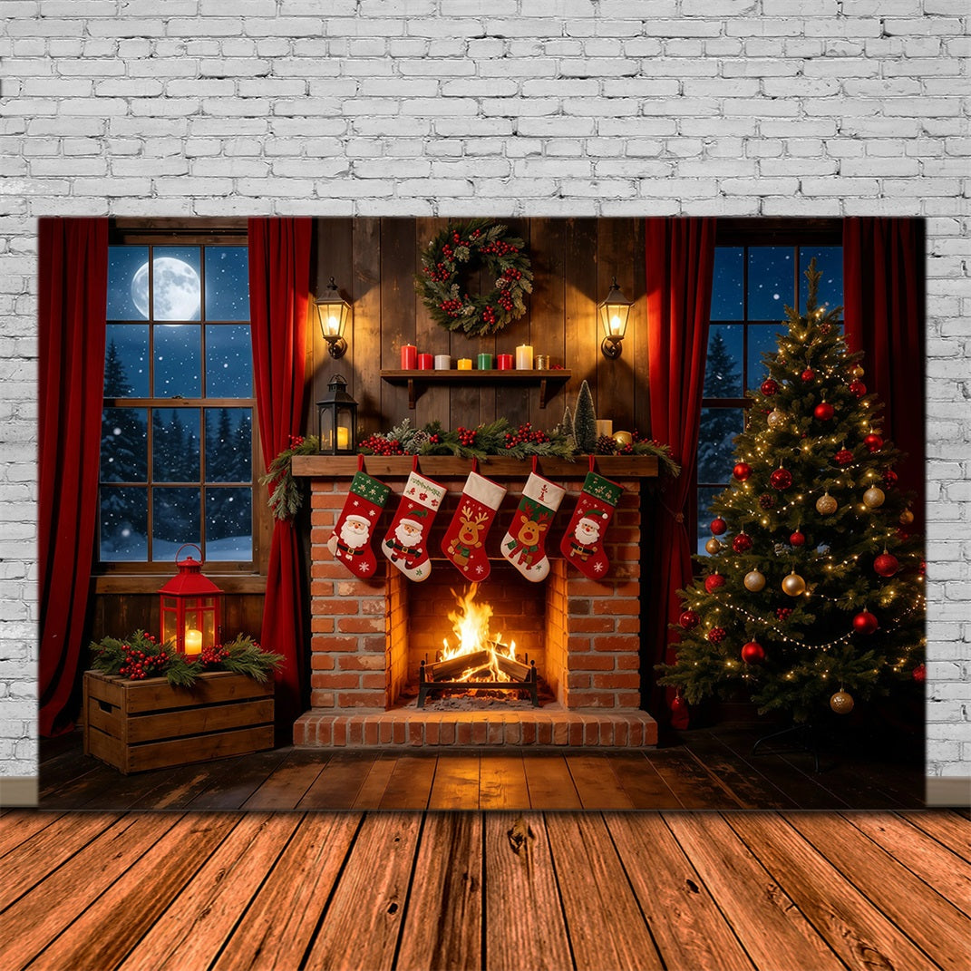 Christmas Night Backdrop Rustic Fireplace Stockings Indoor Christmas Backdrops GQ68-108