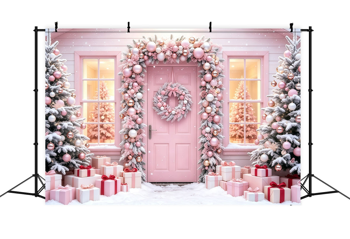 Pink Christmas Backdrop Snowy Tree Gift Doorway Christmas Muslin Backdrops GQ68-114