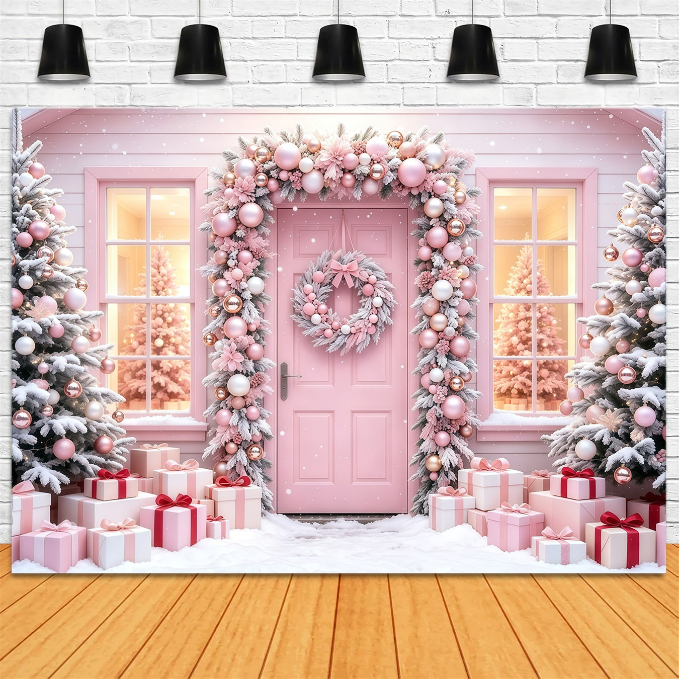 Pink Christmas Backdrop Snowy Tree Gift Doorway Christmas Muslin Backdrops GQ68-114