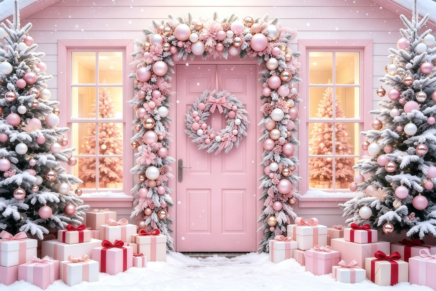 Pink Christmas Backdrop Snowy Tree Gift Doorway Christmas Muslin Backd