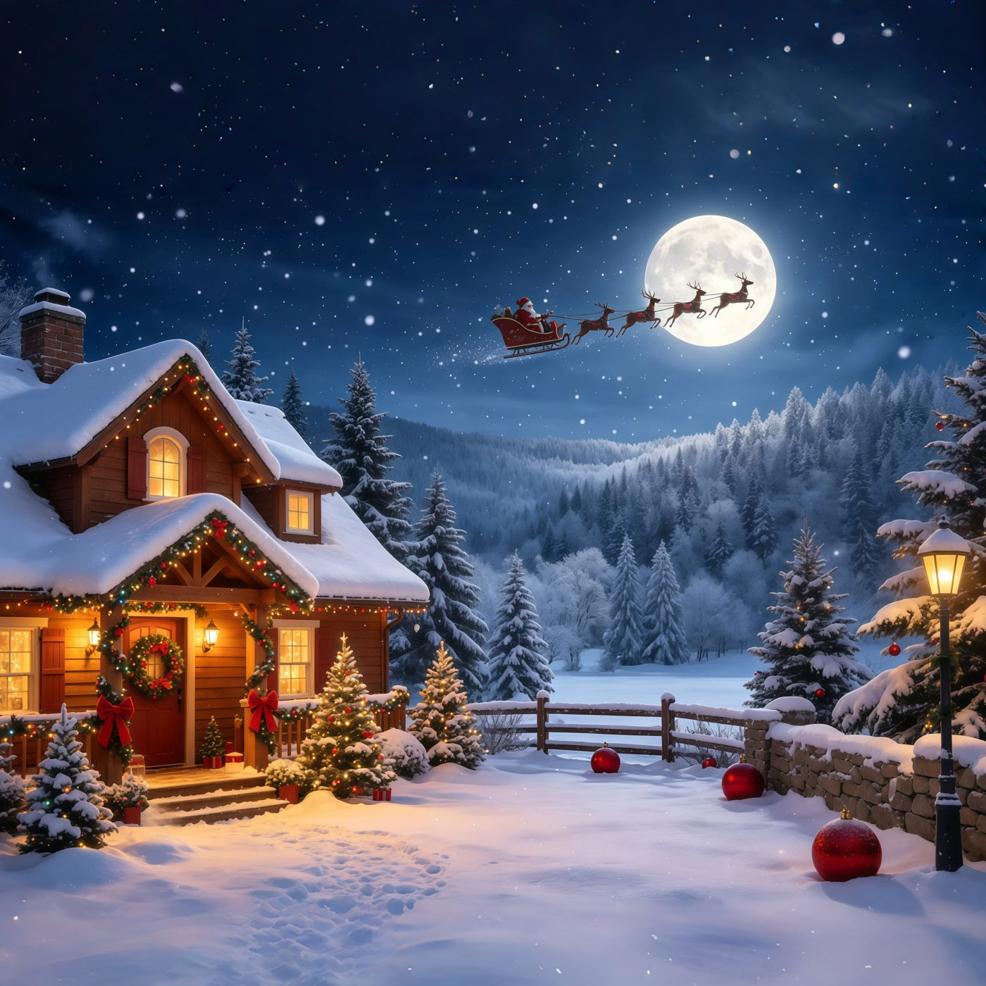 Christmas Santa Backdrop Moonlit Cabin Snowy Mountain Christmas Backdrop GQ68-115