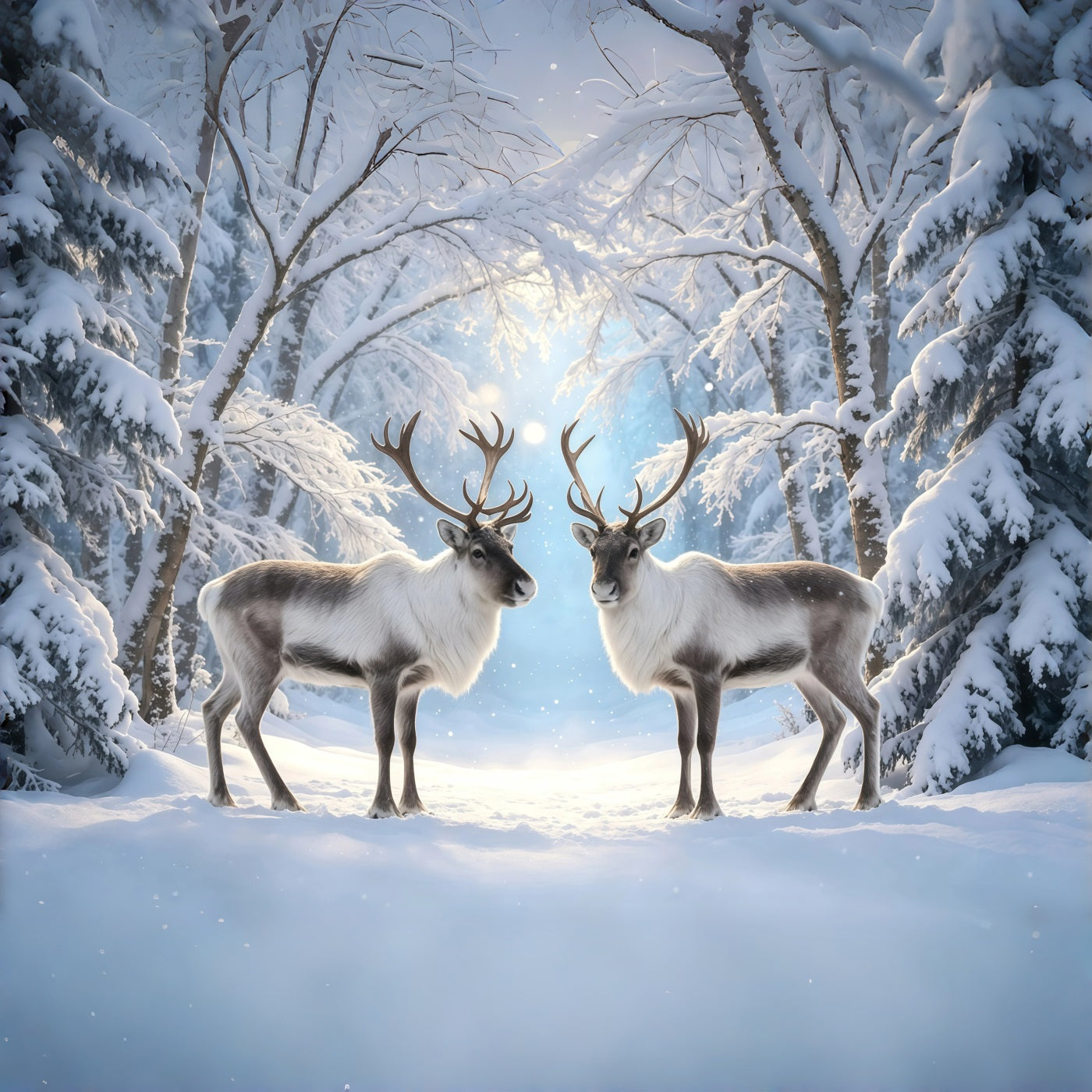 Snowy Christmas Backdrop Reindeer Winter Forest Path Christmas Photo Backdrop GQ68-117