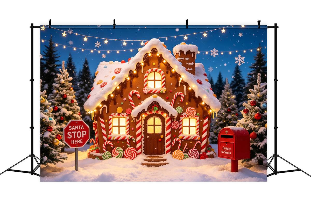 Gingerbread Christmas Backdrop Candy Cottage Snowy Forest Christmas Photo Backdrops GQ68-118