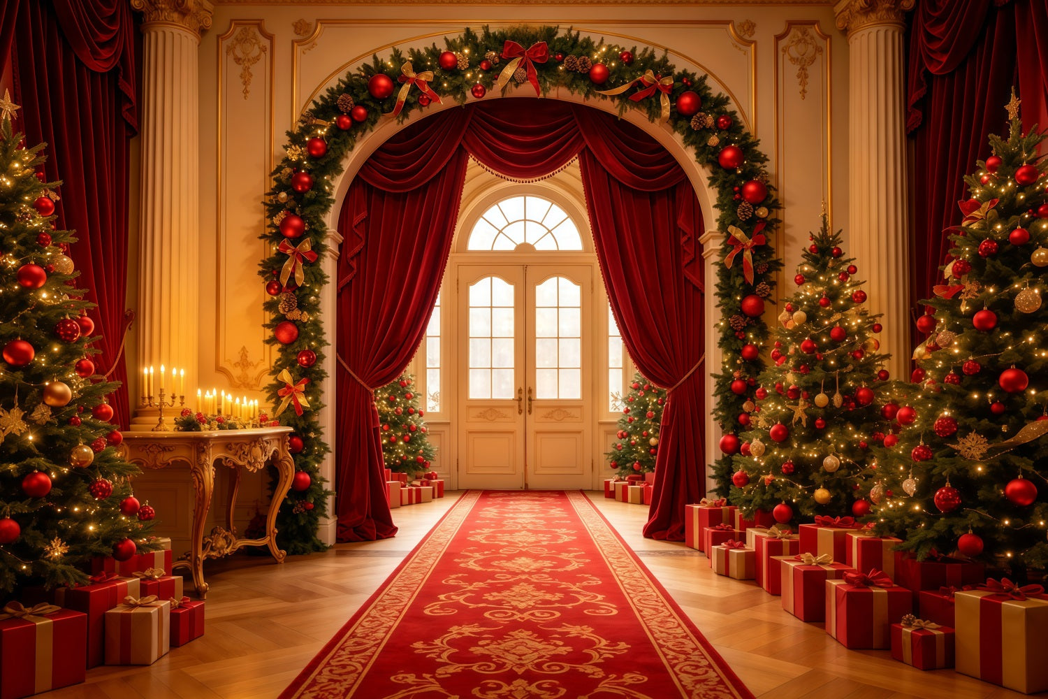 Christmas Living Room Backdrop Grand Red Curtain Archway Christmas Photography Backdrop GQ68-120