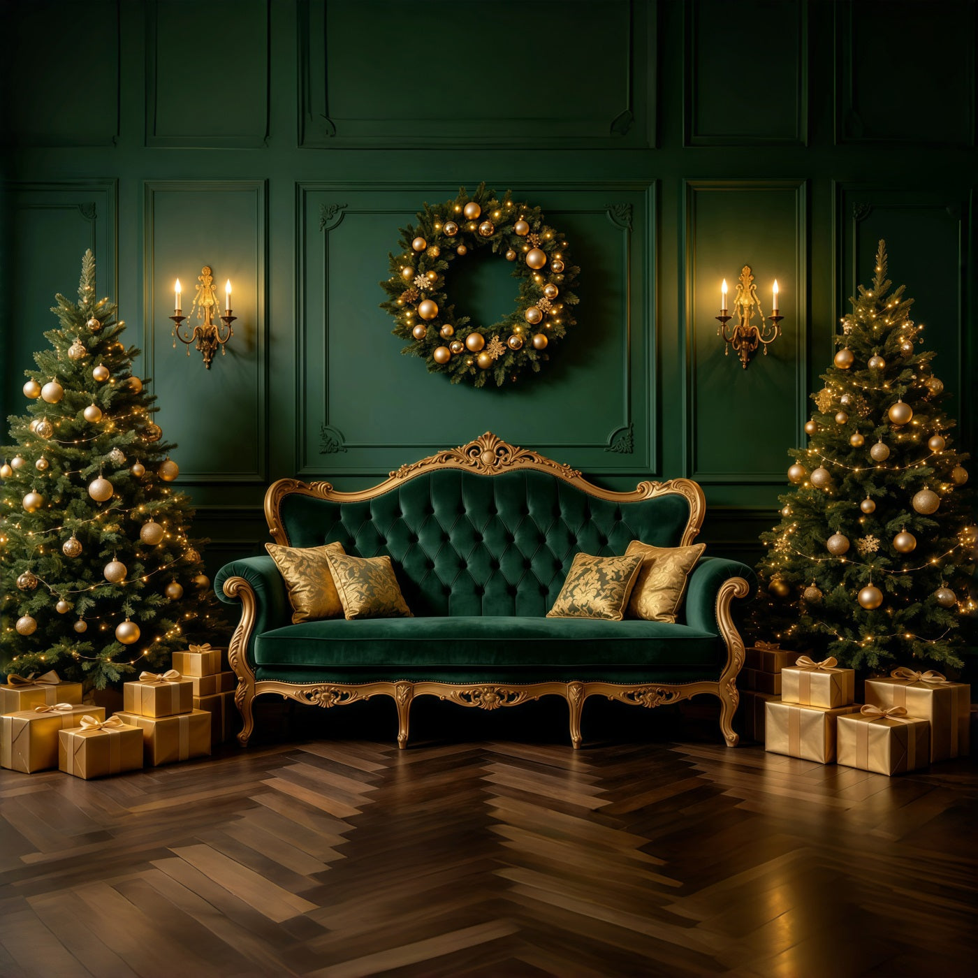 Green Christmas Backdrop Emerald Velvet Sofa Lounge Professional Christmas Backdrops GQ68-121