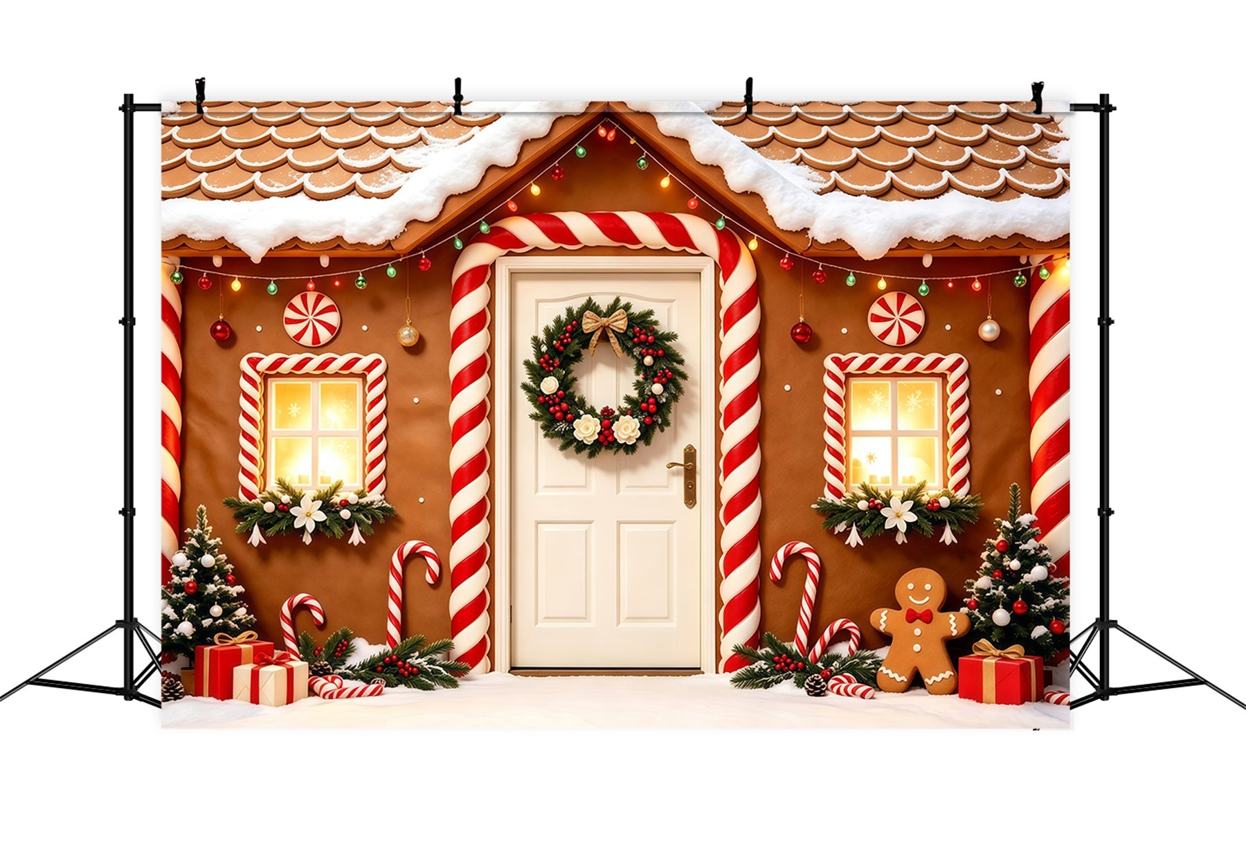 Christmas Gingerbread Backdrop Snowy Candy House Doorway Photo Backdrop Christmas GQ68-123