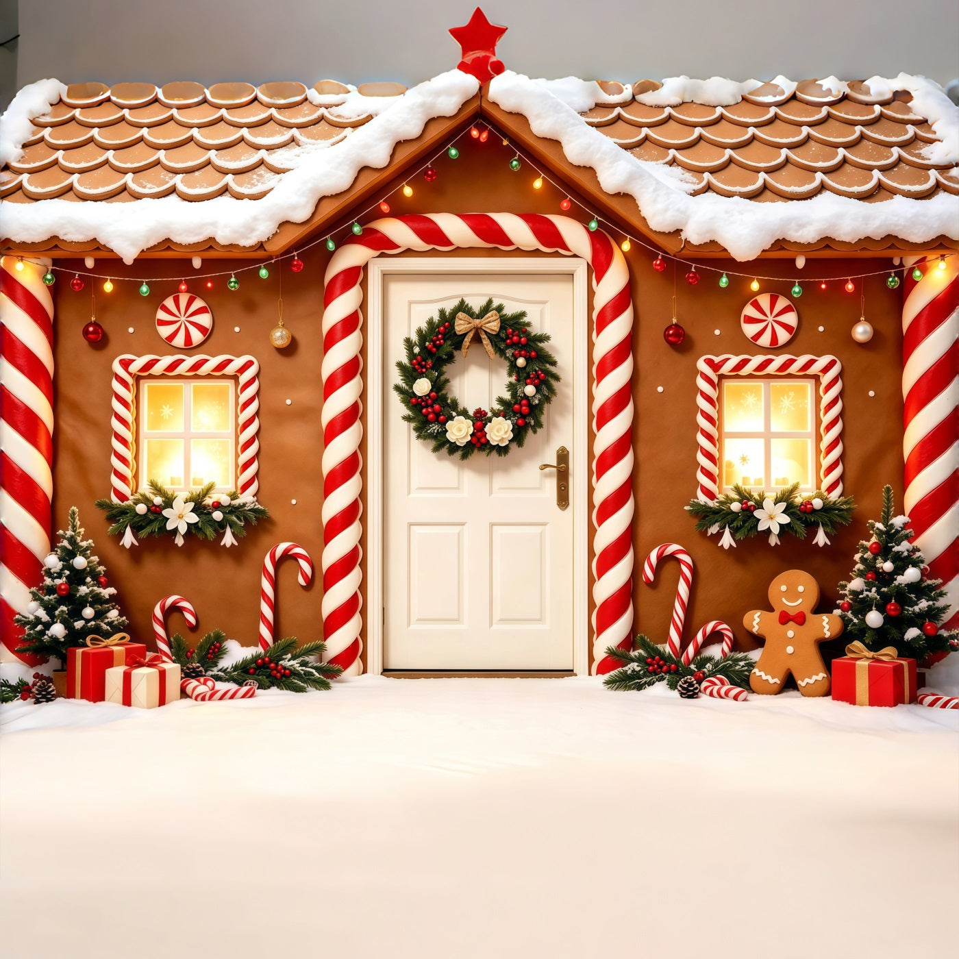 Christmas Gingerbread Backdrop Snowy Candy House Doorway Photo Backdrop Christmas GQ68-123